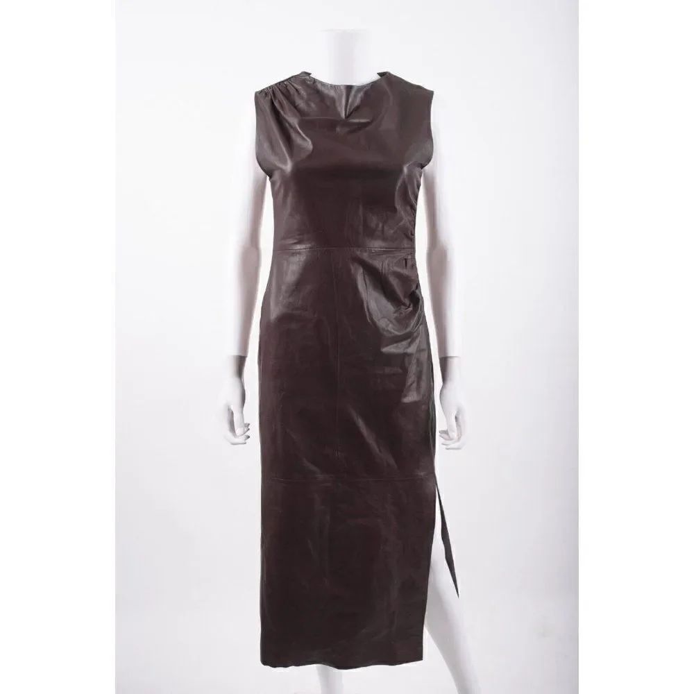 Massimo Dutti Womens Leather Dress Midi Ruched S Small Brown 5325/726 NWT